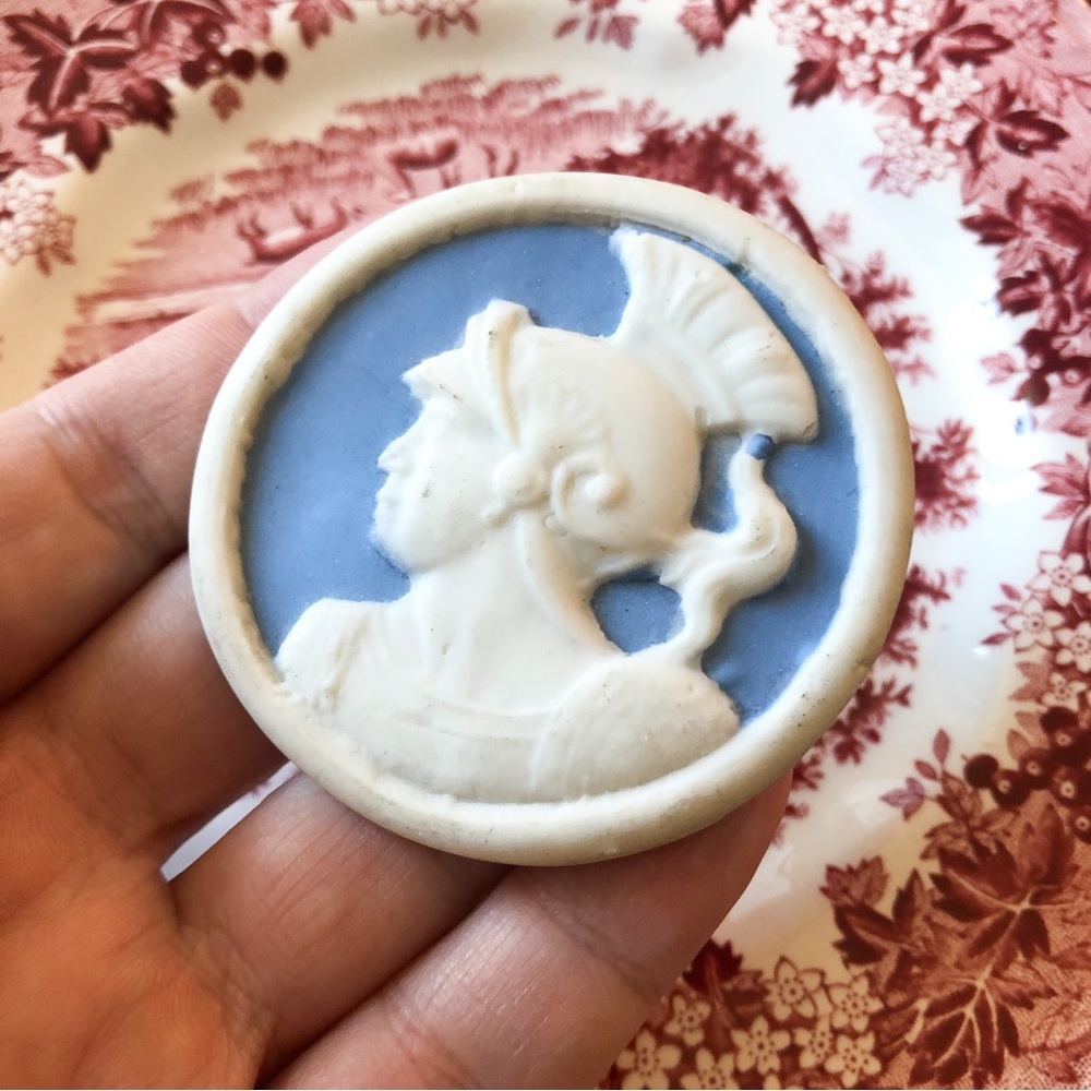 Unique antique vintage bisque porcelain blue white cameo classical soldier